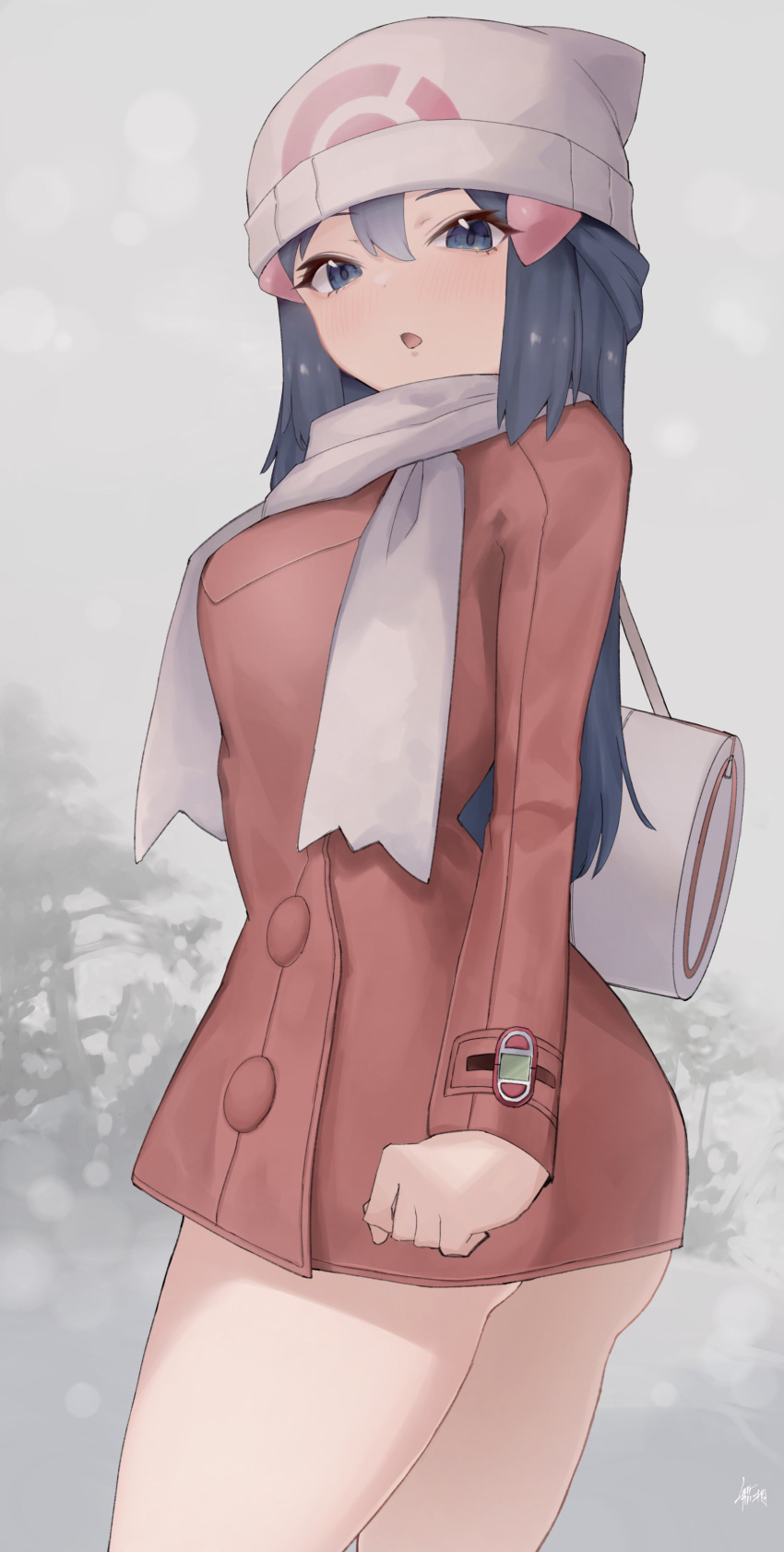 1girl absurdres bag bangs bare_legs blue_eyes blue_hair blush coat commentary_request dawn_(pokemon) eyes_visible_through_hair forest hair_between_eyes hat highres kataku_musou long_hair looking_at_viewer nature open_mouth orange_coat pokemon pokemon_(game) pokemon_dppt pokemon_platinum scarf snow solo thighs tree white_scarf winter_clothes