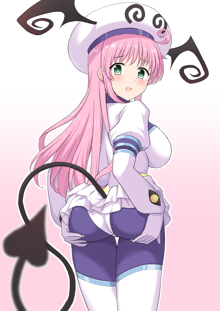 1girl 1other absurdres ahoge ass black_legwear bodysuit bodysuit_under_clothes breasts commentary_request demon_tail from_behind gloves green_eyes hands_on_own_ass hat head_wings highres lala_satalin_deviluke leggings leotard long_hair looking_back microskirt open_mouth peke perapera pink_hair skin_tight skirt smile tail thigh_gap thighhighs thighs to_love-ru white_gloves white_headwear white_legwear white_leotard white_skirt