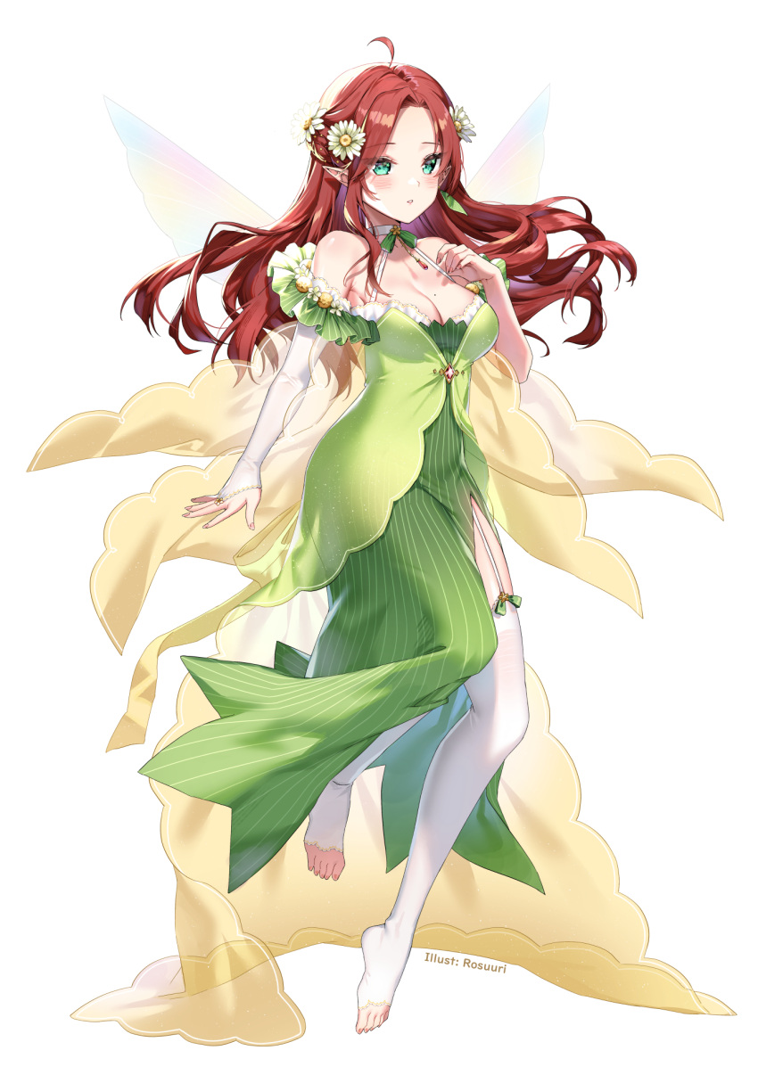1girl ahoge arm_at_side artist_name breasts cleavage dress elbow_gloves fairy_wings fingerless_gloves floating floating_hair garter_straps gloves green_eyes hal_rayon_vert halter_dress halterneck hand_up highres long_hair medium_breasts midair official_art parted_lips propro_production red_hair rosuuri side_slit simple_background solo thighhighs toeless_legwear virtual_youtuber white_background wings