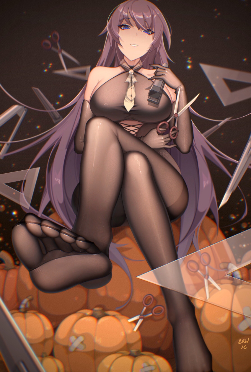 1girl absurdres bakemonogatari bangs bare_shoulders black_legwear blue_eyes blush boxcutter breasts chromatic_aberration crossed_legs dorsiflexion elbow_gloves feet foot_focus from_below gloves halterneck highres holding holding_scissors large_breasts legs long_hair looking_at_viewer monogatari_(series) no_shoes pantyhose parted_lips pumpkin purple_hair scissors senjougahara_hitagi senjouhara_nira sheer_gloves signature sitting smile soles solo stapler stationery thighband_pantyhose toes very_long_hair