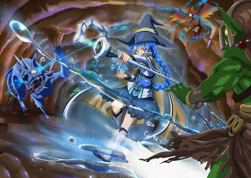 1girl absurdres bangs bird black_headwear black_skirt blue_eyes blue_hair boots braid brown_cape cape casting_spell crossed_bangs demon fighting goblin hat highres holding holding_staff honba_misaki hydrokinesis long_hair monster mushoku_tensei roxy_migurdia sidelocks single_braid skirt staff underground water white_footwear witch witch_hat