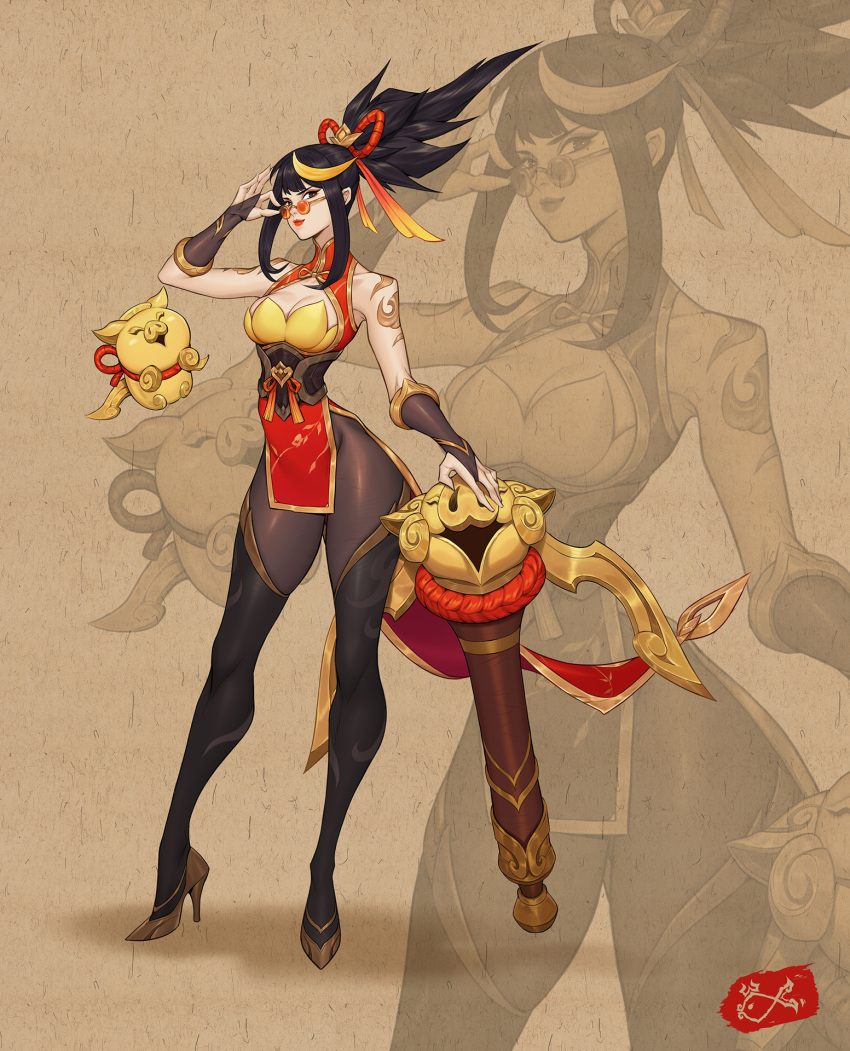 1girl adjusting_eyewear alternate_hairstyle artist_logo bare_shoulders black_hair black_legwear breasts bridal_gauntlets china_dress chinese_clothes citemer cleavage closed_mouth crossbow dress english_commentary eyebrows firecracker_vayne full_body gold_trim hair_ornament hair_ribbon high_heels highres league_of_legends legs_apart looking_at_viewer medium_breasts official_alternate_costume pantyhose pig red_lips ribbon shadow sidelocks solo standing thighhighs thighs tied_hair vayne_(league_of_legends) wide_hips