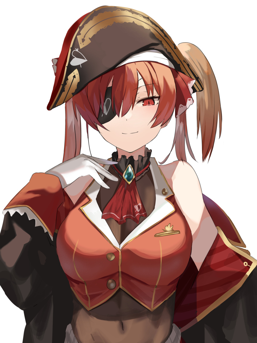 1girl absurdres bangs black_coat black_eyepatch bow breasts coat cropped_jacket eyebrows_visible_through_hair eyepatch gloves hair_bow hair_ribbon high_ponytail highres hololive houshou_marine jacket jewelry large_breasts long_hair looking_at_viewer pirate red_eyes red_hair red_jacket red_ribbon ribbon simple_background smile solo tsukikaze_aki twintails virtual_youtuber white_background