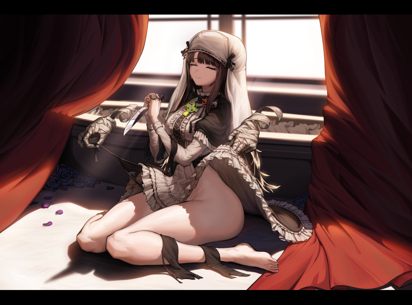 1girl absurdres barefoot black_dress black_hair black_panties breasts c-ms_(girls'_frontline) closed_eyes clothes_lift dress dress_lift frilled_dress frills girls'_frontline hachirodesu highres holding holding_knife knife long_hair long_sleeves medium_breasts panties side-tie_panties sidelocks sitting solo string_panties underwear untied untied_panties very_long_hair wariza white_veil