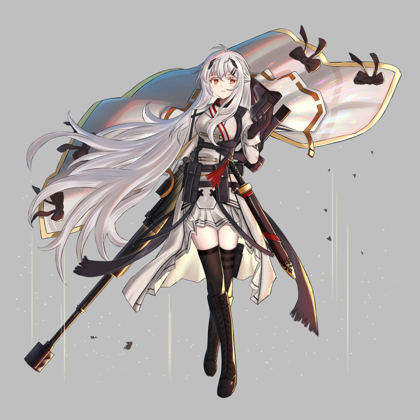 1girl ammunition_pouch arm_behind_back arm_up bangs black_footwear black_gloves black_legwear boots breasts cloak closed_mouth expressionless eyebrows_visible_through_hair full_body girls'_frontline gloves gun hair_ornament hairclip handgun highres holding holding_gun holding_weapon holstered_weapon iws_2000_(girls'_frontline) long_hair medium_breasts mod3_(girls'_frontline) orange_eyes pistol pouch silver_hair simple_background skirt solo standing steyr_iws_2000 sword thighhighs uniform unitaka weapon white_cloak white_skirt white_uniform