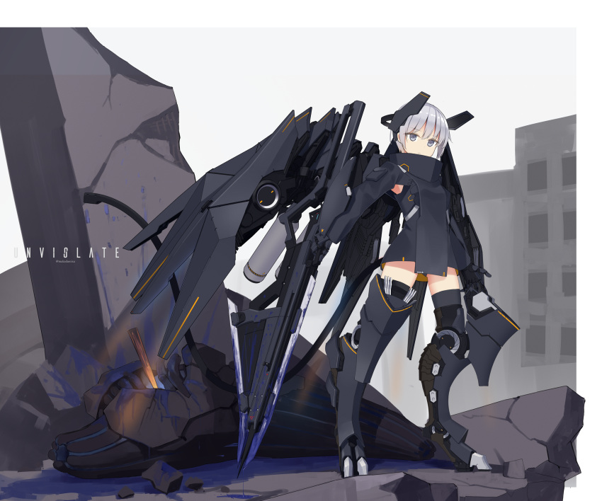 artist_name bangs black_jacket blood blue_blood blunt_bangs corpse creature digitigrade full_body grey_eyes grey_hair headgear highres holding holding_sword holding_weapon jacket makadamixa mecha_musume mechanical_wings original prosthesis prosthetic_hand prosthetic_leg rubble short_hair solo sword thighhighs thrusters weapon wings