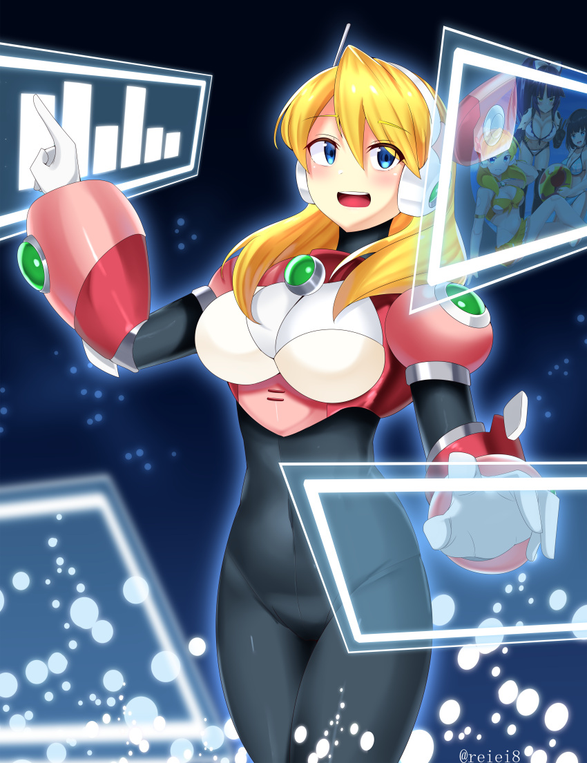 1girl absurdres alia_(mega_man) android arm_up armor bangs black_bodysuit blonde_hair blue_background blue_eyes bodysuit breasts covered_navel cowboy_shot english_commentary eyebrows_visible_through_hair fate/grand_order fate_(series) gloves green_eyes groin hair_between_eyes headset highres holographic_monitor index_finger_raised is_(kamen_rider_01) kamen_rider kamen_rider_01_(series) katou_danzou_(fate) large_breasts long_hair looking_to_the_side mega_man_(series) mega_man_x_(series) mega_man_x_dive navigator open_mouth photo_(object) pink_armor reiei_8 robot_ears shoulder_armor solo standing teeth twitter_username upper_teeth white_gloves