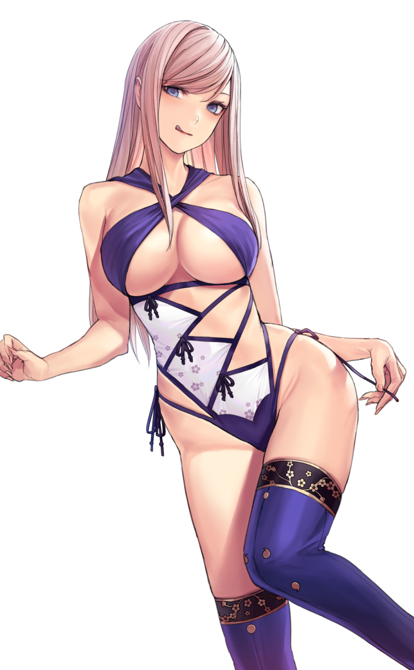 1girl :q alternate_costume applekun bangs bikini blue_eyes blue_legwear blue_swimsuit breasts cleavage criss-cross_halter fate/grand_order fate_(series) feet_out_of_frame floral_print halterneck highleg highleg_swimsuit highres large_breasts long_hair looking_at_viewer miyamoto_musashi_(fate) miyamoto_musashi_(swimsuit_berserker)_(fate) multi-strapped_swimsuit pink_hair side-tie_swimsuit simple_background skindentation solo straight_hair swept_bangs swimsuit thighhighs tongue tongue_out two-tone_swimsuit white_background white_swimsuit