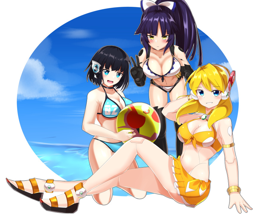 3girls :d absurdres alia_(mega_man) android arm_behind_head arm_support arm_up armlet ball bangs bare_shoulders beachball bikini bikini_skirt black_choker black_footwear black_gloves black_hair blonde_hair blue_bikini blue_eyes blue_sky blush boots bracelet breasts choker cleavage clothes_writing cloud collarbone commission crossover day elbow_gloves english_commentary error eyebrows_visible_through_hair fate/grand_order fate_(series) full_body gloves green_eyes groin hair_between_eyes hairband highres holding holding_ball humagear_headphones is_(kamen_rider_01) jewelry joints kamen_rider kamen_rider_01_(series) katou_danzou_(fate) kneeling large_breasts leaning_forward long_hair looking_at_viewer medium_breasts mega_man_(series) mega_man_x_(series) mega_man_x_dive midsummer_memories multiple_crossover multiple_girls navel open_mouth parted_lips ponytail reiei_8 robot_ears robot_joints sandals short_hair sidelocks sitting skirt sky smile standing stomach swimsuit teeth thigh_boots thighhighs trait_connection twitter_username upper_teeth v very_long_hair white_background white_bikini white_hairband yellow_bikini yellow_eyes yellow_skirt