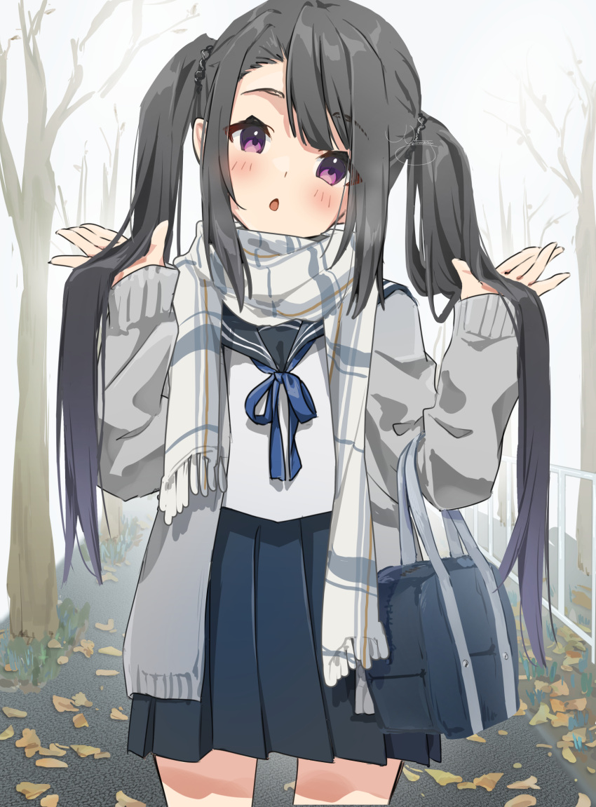 1girl bag bare_tree black_hair black_sailor_collar black_skirt blue_ribbon blush cardigan chestnut_mouth commentary_request cowboy_shot grey_cardigan hands_up head_tilt highres long_hair looking_at_viewer neck_ribbon nut_megu open_cardigan open_clothes original outdoors parted_lips pleated_skirt purple_eyes ribbon sailor_collar school_bag school_uniform serafuku shirt sidelocks skirt solo standing tree twintails very_long_hair white_shirt