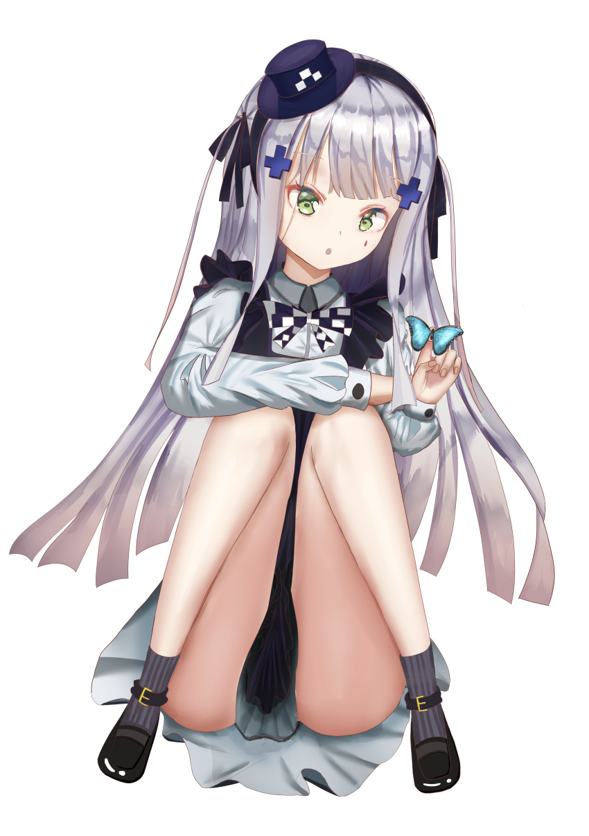 1girl :o absurdres bangs black_footwear bow bowtie bug butterfly butterfly_on_hand eyebrows_visible_through_hair full_body girls'_frontline green_eyes hair_ornament hair_ribbon hairband hairclip hat highres hk416_(black_kitty's_gift)_(girls'_frontline) hk416_(girls'_frontline) light_blue_hair long_hair looking_down mini_hat on_floor open_mouth ribbon ryn_(rinorea) shirt shoes socks solo teardrop_facial_mark teardrop_tattoo white_background white_shirt
