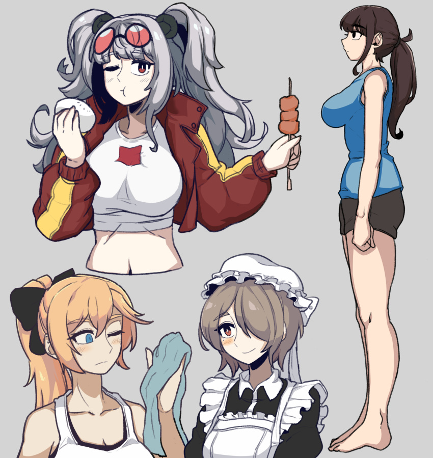 4girls ;t animal_ears arknights bangs bare_legs black_eyes black_hair black_shorts blonde_hair blue_eyes blue_shirt breasts character_request clenched_hand collarbone commentary_request copyright_request crop_top cropped_jacket cropped_torso dinoyhs eyebrows_visible_through_hair feater_(arknights) feater_(gourmet)_(arknights) food full_body genshin_impact grey_background grey_hair hair_over_one_eye hand_up hat highres holding holding_food jacket jean_(genshin_impact) large_breasts long_hair long_sleeves looking_at_viewer low_ponytail midriff mob_cap multiple_girls navel open_clothes open_jacket panda_ears red_eyes red_jacket shirt short_shorts shorts silver_hair simple_background sleeveless sleeveless_shirt standing stomach t-shirt thighs twintails upper_body white_headwear white_shirt