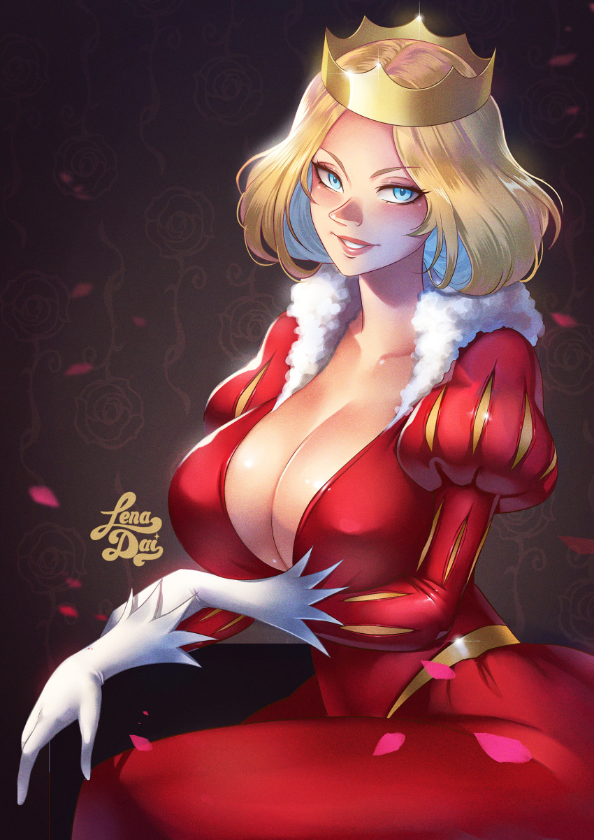 1girl artist_name blonde_hair blue_eyes bob_cut breasts cleavage collarbone crossed_arms crown dress eyebrows_visible_through_hair forehead fur_trim gloves highres huge_breasts lena_dai light_blush looking_at_viewer mature_female medium_hair ousama_ranking pointy_nose puff_and_slash_sleeves puffy_sleeves queen queen_hilling red_dress shiny shiny_skin signature smile solo white_gloves