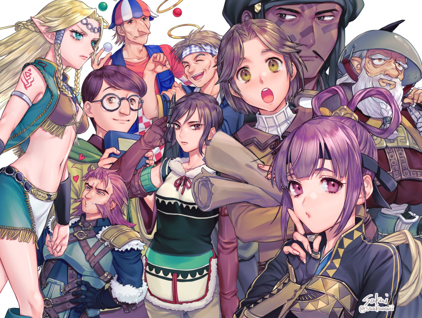 blonde_hair breasts character_request closed_mouth fingerless_gloves gensou_suikoden gensou_suikoden_iii gensou_suikoden_v glasses gloves hair_rings highres long_hair looking_at_viewer miakis_(gensou_suikoden) multiple_girls open_mouth purple_eyes purple_hair sakai_(motomei) short_hair simple_background white_background