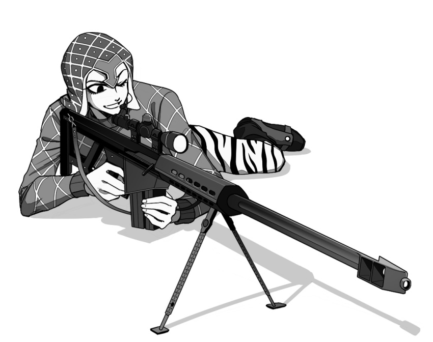 1boy aiming animal_print anti-materiel_rifle argyle argyle_sweater fang greyscale guido_mista gun jojo_no_kimyou_na_bouken lying male_focus monochrome on_stomach one_eye_closed rifle sempon_(doppio_note) sniper_rifle solo sweater tiger_print vento_aureo weapon