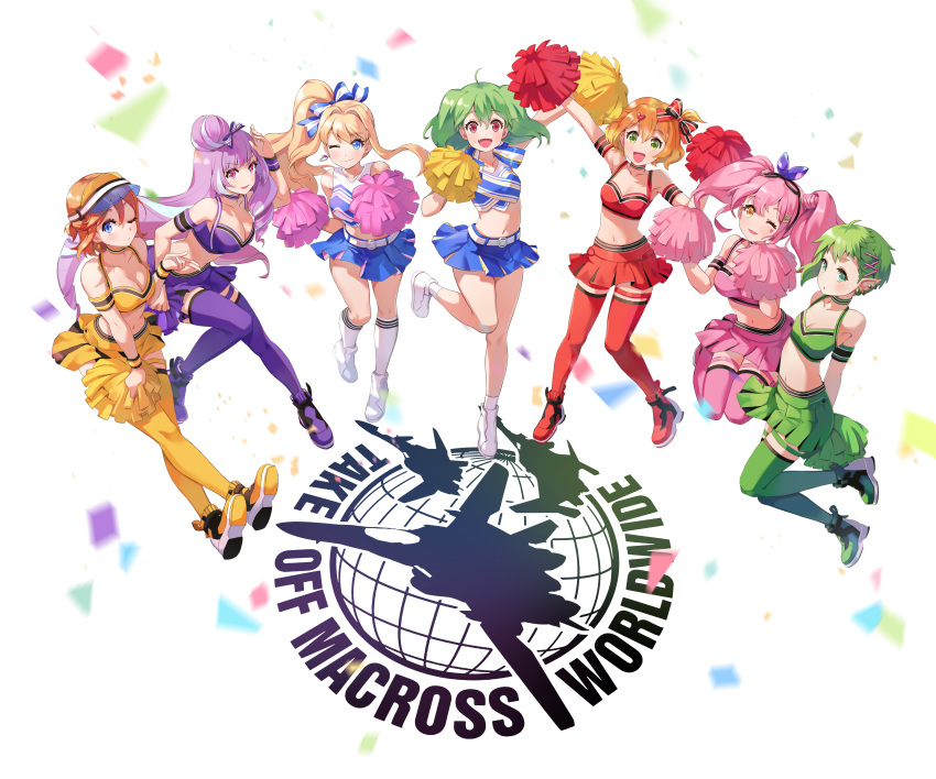 6+girls absurdres bangs blonde_hair blue_eyes blue_hair blue_skirt breasts brown_eyes cheerleader cleavage freyja_wion green_hair green_skirt hair_behind_ear hair_bun highres holding holding_pom_poms kaname_buccaneer large_breasts long_hair macross macross_delta macross_frontier makina_nakajima medium_breasts medium_hair mikumo_guynemer mintpompom multicolored_hair multiple_girls one_eye_closed orange_hair pink_hair pink_skirt pointy_ears pom_pom_(cheerleading) ponytail purple_skirt ranka_lee red_skirt reina_prowler revision sheryl_nome short_hair silhouette skirt small_breasts smile streaked_hair thigh_strap thighhighs twintails very_long_hair vf-25 vf-31 visor_cap walkure_(macross_delta) yf-29