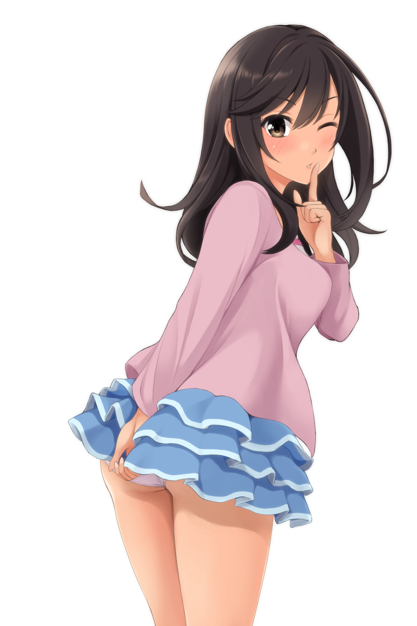 1girl absurdres arm_behind_back ass black_hair blue_skirt blush brown_eyes commentary_request finger_to_mouth from_behind hand_on_own_ass highres ichijou_hotaru index_finger_raised leaning_forward long_hair looking_at_viewer looking_back miniskirt non_non_biyori nonaka_ritsu one_eye_closed panties pantyshot pink_shirt shirt simple_background skirt solo thighs underwear white_background white_panties