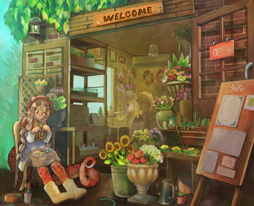 2girls amazon_tree_boa_(kemono_friends) animal_ears apron back_bow bilby_(kemono_friends) blonde_hair blush bodystocking boots bow braid brown_hair chair drawstring fangs flower flower_shop full_body grey_hair highres hood hood_up hooded_jacket igarashi_(nogiheta) jacket kemono_friends light_brown_hair long_hair long_sleeves medium_hair medium_skirt multicolored_hair multiple_girls orange_eyes pantyhose plant rubber_boots shirt shop short_sleeves shorts sign sitting skirt snake_tail solo_focus standing sunflower tail twin_braids two-tone_hair very_long_hair