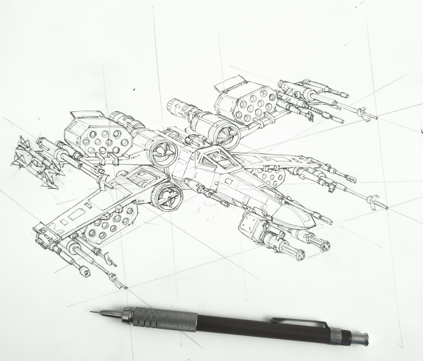 astromech_droid canopy_(aircraft) droid gatling_gun graphite_(medium) greyscale highres minigun missile_pod monochrome pencil redesign science_fiction sketch space_craft space_gooose star_wars starfighter t-65_x-wing traditional_media vehicle_focus x-wing