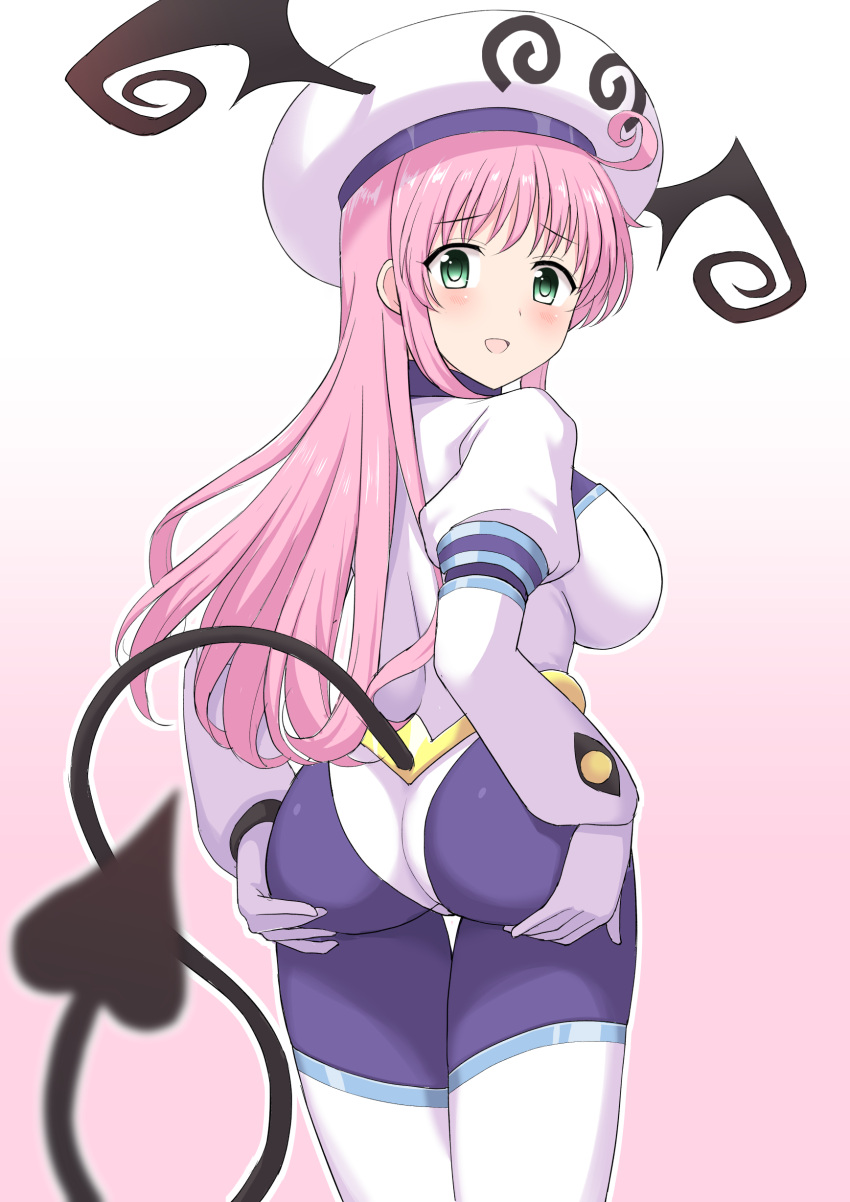 1girl 1other absurdres ahoge ass black_legwear bodysuit bodysuit_under_clothes breasts commentary_request demon_tail from_behind gloves green_eyes hands_on_own_ass hat head_wings highres lala_satalin_deviluke leggings leotard long_hair looking_back open_mouth peke perapera pink_hair skin_tight smile tail thigh_gap thighhighs thighs to_love-ru white_gloves white_headwear white_legwear white_leotard