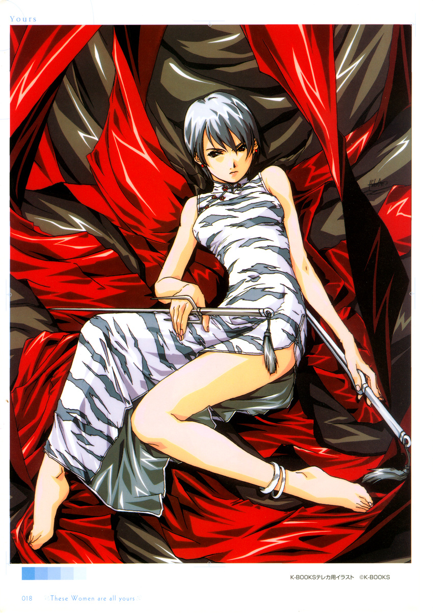 absurdres anklet barefoot china_dress chinese_clothes dress highres horibe_hiderou jewelry original short_hair silver_hair solo