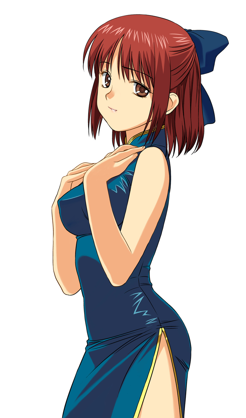 a1 absurdres bow china_dress chinese_clothes dress hair_bow hands_on_own_chest highres impossible_clothes impossible_dress kohaku lipstick looking_at_viewer makeup mr_chin red_hair short_hair side_slit simple_background solo standing tsukihime