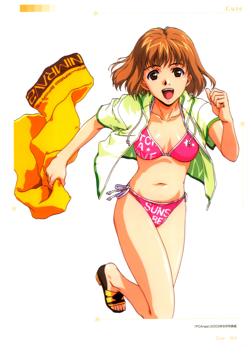 2003 absurdres bikini brown_eyes brown_hair clothes_writing collarbone copyright_name dated halter_top halterneck highres holding holding_towel horibe_hiderou jacket looking_at_viewer navel open_clothes open_jacket open_mouth original page_number pc_angel pink_bikini running sandals short_hair short_sleeves side-tie_bikini simple_background solo star star_print swimsuit towel upper_teeth