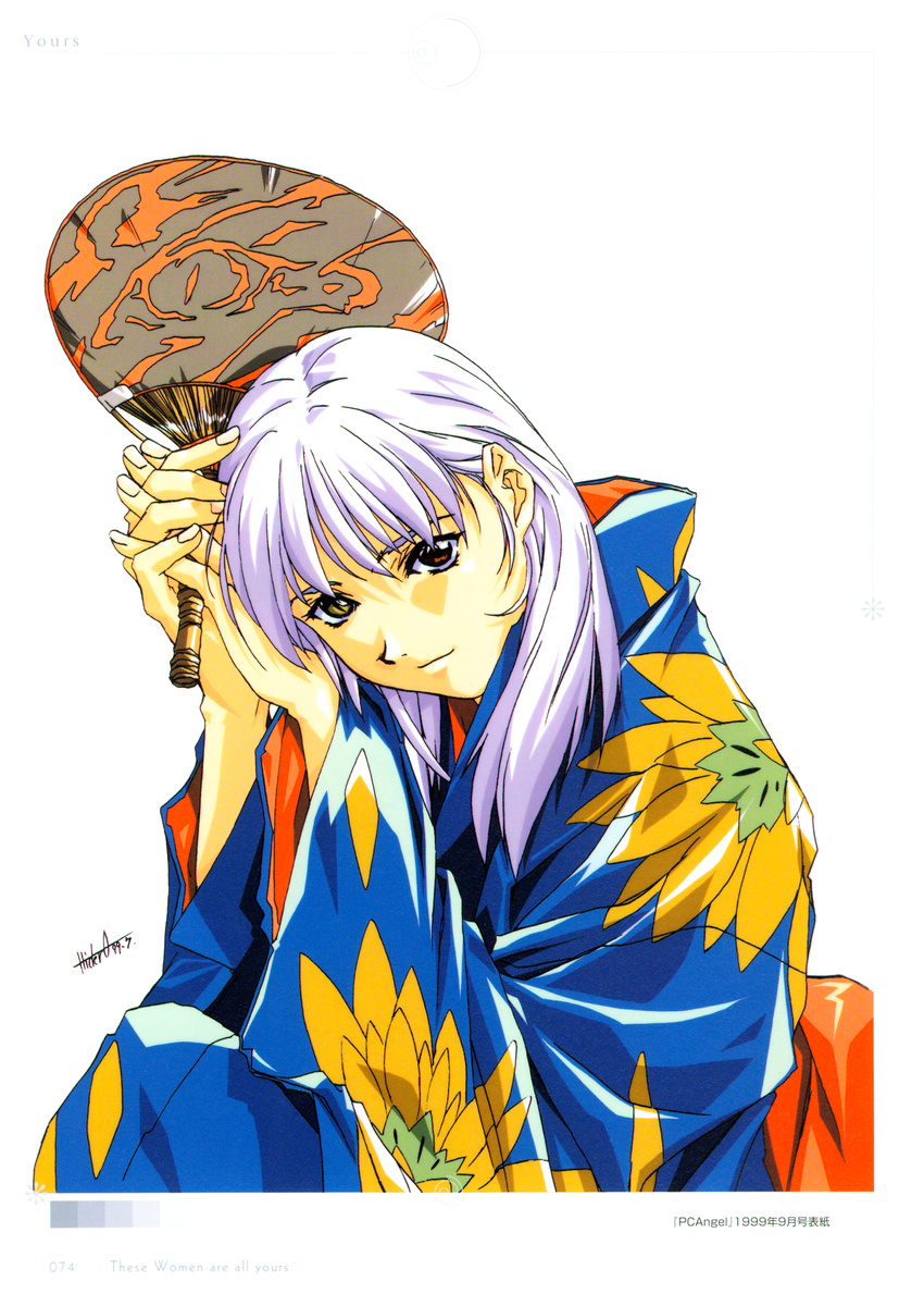 1girl absurdres fan floral_print hands_clasped head_tilt heterochromia highres horibe_hiderou japanese_clothes kimono original own_hands_together paper_fan purple_hair scan simple_background smile solo uchiwa