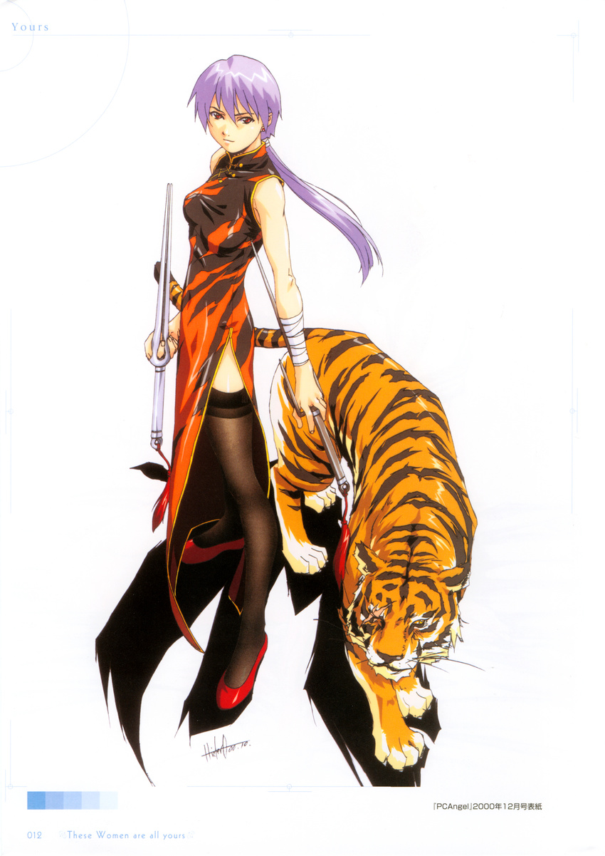 absurdres china_dress chinese_clothes dress high_heels highres horibe_hiderou original purple_hair scar scar_across_eye shoes solo thighhighs tiger weapon