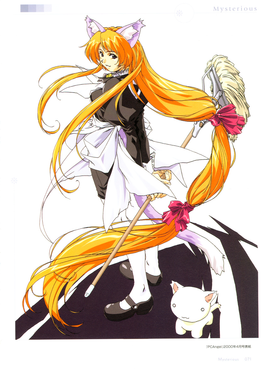 1girl :3 absurdly_long_hair absurdres animal_ears apron arms_behind_back bell black_dress black_eyes black_footwear black_ribbon blonde_hair border breasts cat cat_ears cat_tail dress from_side full_body hair_ribbon highres holding horibe_hiderou juliet_sleeves lace-trimmed_collar lace_trim long_hair long_sleeves looking_at_viewer looking_to_the_side low-tied_long_hair maid mary_janes medium_breasts mop multi-tied_hair neck_bell neck_ribbon orange_hair original page_number pantyhose puffy_sleeves red_ribbon ribbon shoes simple_background sleeve_cuffs smile solo standing tail very_long_hair waist_apron white_apron white_background white_border white_pantyhose
