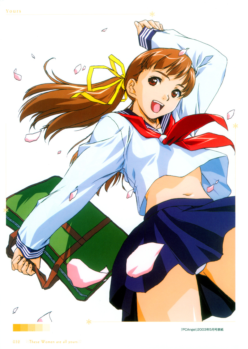 absurdres bag brown_eyes brown_hair cherry_blossoms highres horibe_hiderou navel open_mouth original panties pantyshot ribbon school_bag school_uniform smile solo twintails underwear