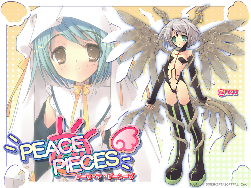 anzu flat_chest green_eyes grey_hair highres horns itou_noiji navel peace@pieces thighhighs wings