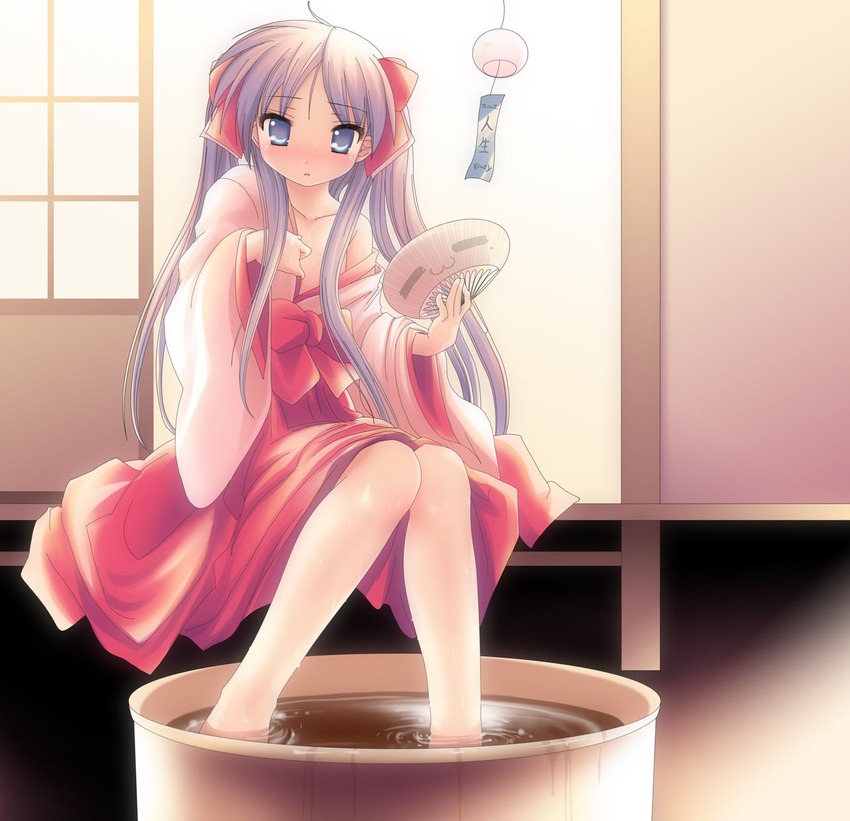 :3 =_= basin blush cameo fan hakama highres hiiragi_kagami izumi_konata japanese_clothes kimono lucky_star miko mole mole_under_eye namamo_nanase off_shoulder open_clothes open_kimono paper_fan red_hakama sitting soaking_feet solo twintails uchiwa veranda water wet wind_chime