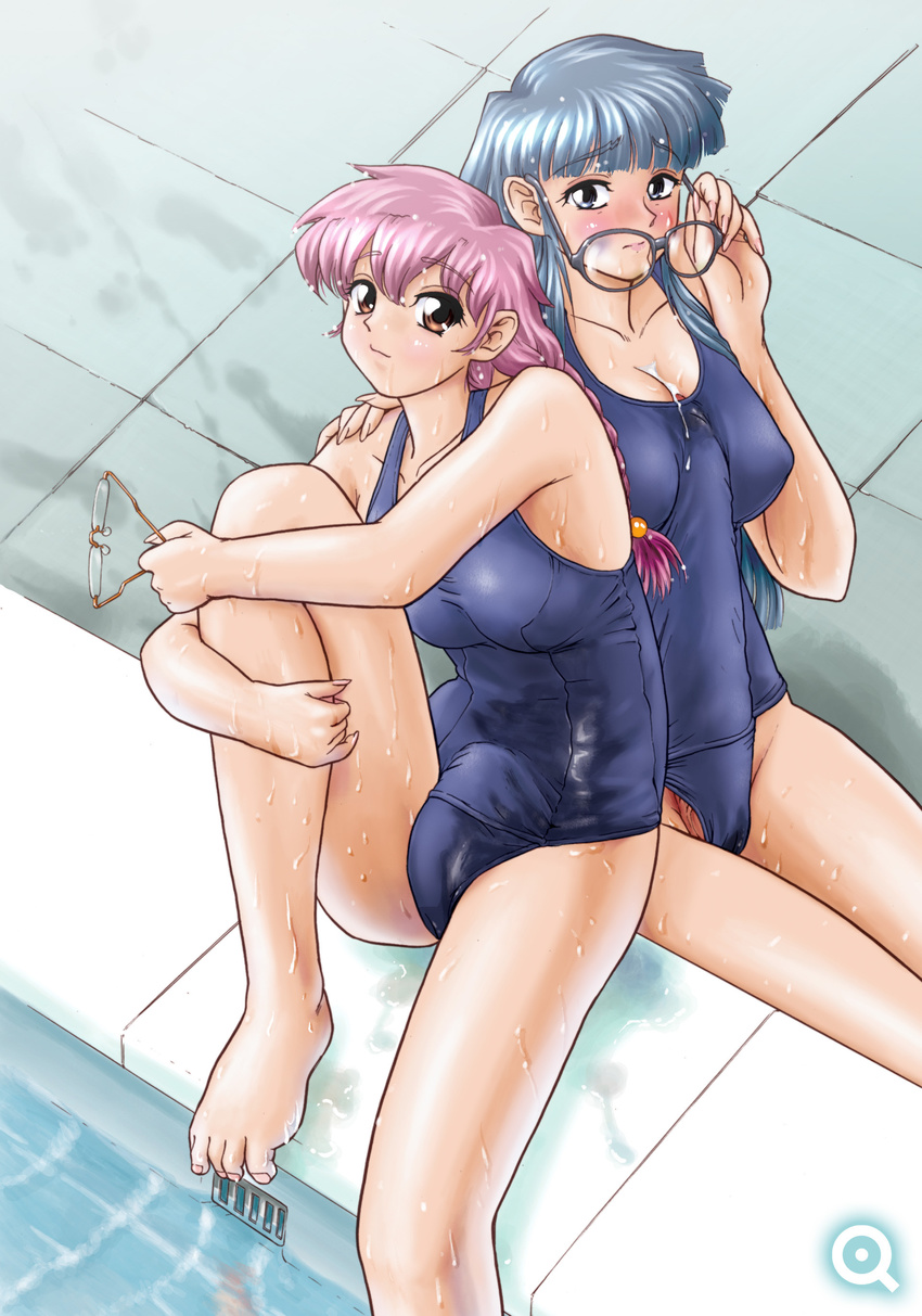 2girls absurdres barefoot behind_moon blue_hair blush braid bulge cameltail dulce_report feet futanari glasses highres huge_penis kiyose_aoi kuroki_momoe long_hair multiple_girls penis pink_hair pool q_(artist) school_swimsuit silver_hair swimsuit twin_braids