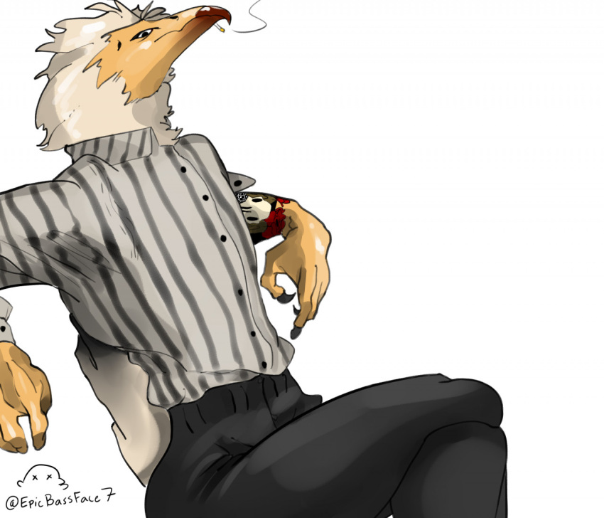 accipitrid accipitriform anthro avian bird clothing crossed_legs egyptian_vulture epicbassface feathers male old_world_vulture simple_background sitting smoking solo tagme tail_feathers tattoo vulture