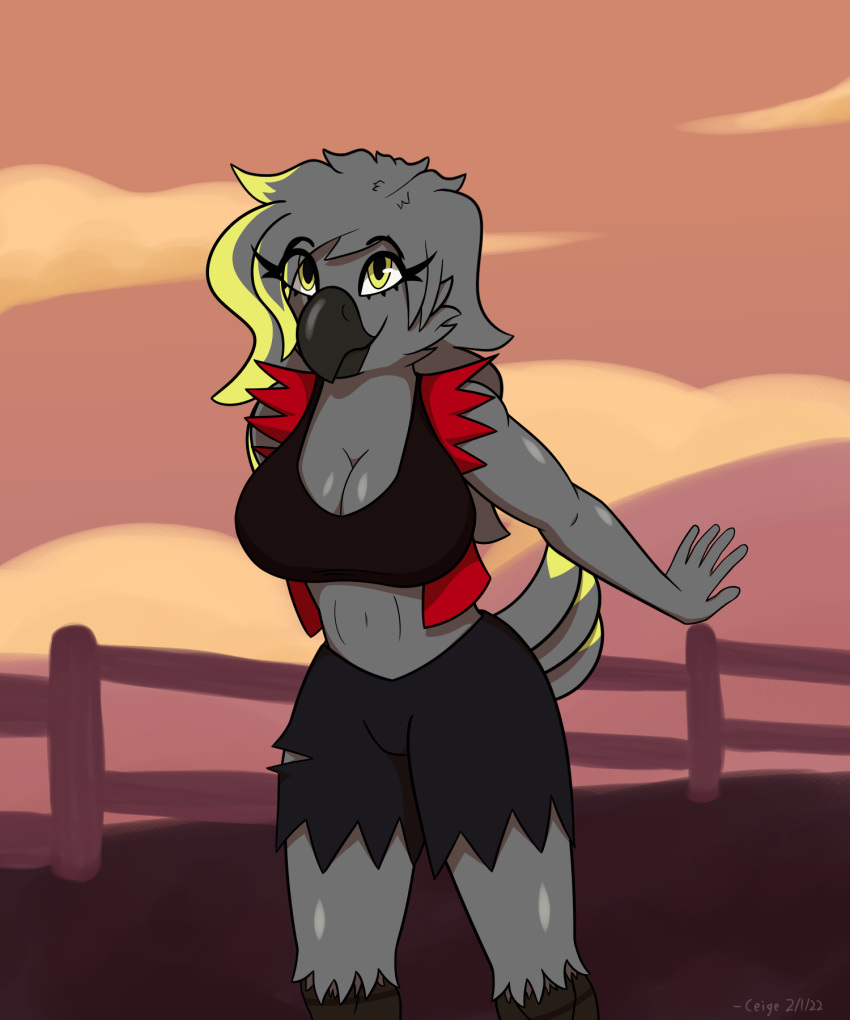 african_grey afrotropical_parrot anthro avian beak big_breasts big_butt bird bottomwear breasts butt ceige ceige_(character) clevage clothing cosplay cute_expression farm farm_girl feathers female glistening glistening_body glistening_breasts grey_beak grey_body grey_feathers hair helluva_boss hi_res long_hair midriff millie_(helluva_boss) parrot pupils shorts smile solo tail_feathers torn_bottomwear torn_clothing torn_shorts true_parrot yellow_body yellow_eyes yellow_feathers yellow_pupils