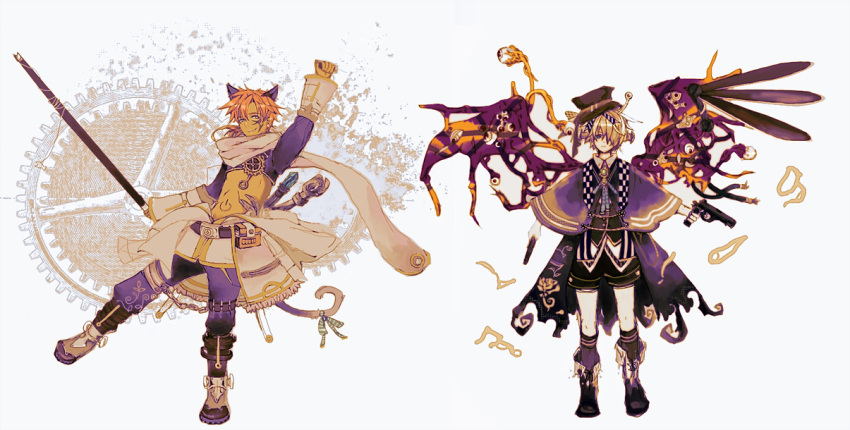 2boys animal_ears arm_up bangs belt black_belt black_capelet black_headwear black_shorts blonde_hair blue_eyes boots capelet cat_boy cat_ears cat_tail closed_mouth commentary_request demon_wings expressionless extra_eyes full_body hair_between_eyes hair_over_one_eye hat holding holding_staff jacket jumpsuit jumpsuit_around_waist limited_palette long_sleeves looking_at_viewer male_focus mechanic_(ragnarok_online) meko_bc multiple_boys navel orange_hair pants personification purple_jacket purple_pants ragnarok_online scarf short_hair shorts shrug_(clothing) smile staff tail thighhighs top_hat vanilmirth_(ragnarok_online) white_background white_jumpsuit white_legwear white_scarf wings