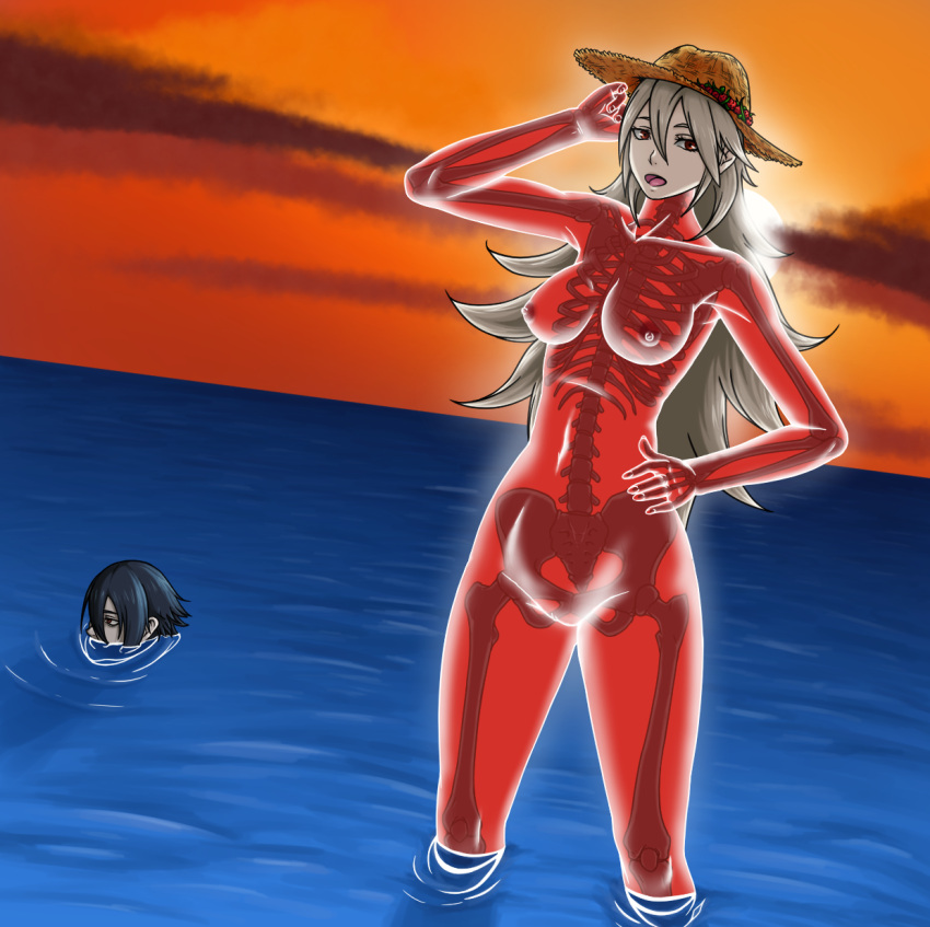 1boy 1girl :d breasts commission commissioner_upload completely_nude fire_emblem fire_emblem_heroes hat highres lif_(fire_emblem) navel nipples nude ocean open_mouth partially_submerged pussy randomfacelessnobody see-through skeleton smile sunset swimsuit thrasir_(fire_emblem) translucent_skin water