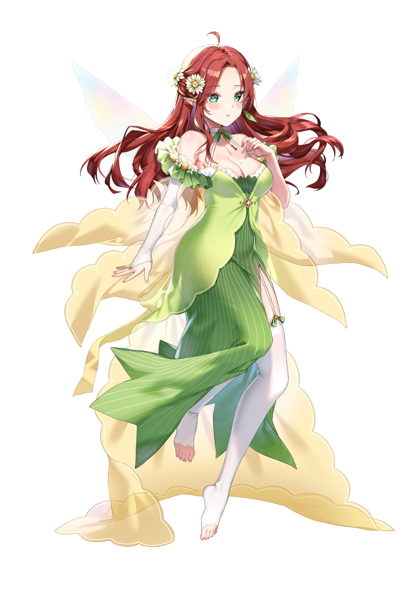 1girl absurdres ahoge arm_at_side breasts cleavage dress elbow_gloves fairy_wings fingerless_gloves floating floating_hair garter_straps gloves green_eyes hal_rayon_vert halter_dress halterneck hand_up highres long_hair medium_breasts midair official_art parted_lips propro_production red_hair rosuuri side_slit simple_background solo thighhighs toeless_legwear transparent_background virtual_youtuber wings