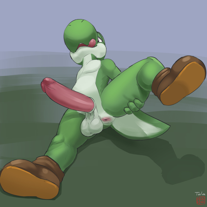 anthro anus balls biped boots boots_only clothing countershade_face countershade_tail countershade_torso countershading erection footwear footwear_only genitals green_body hi_res male mario_bros mostly_nude nintendo penis presenting raised_leg reptile scalie solo tala128 tongue tongue_out video_games yoshi yoshi_(character)