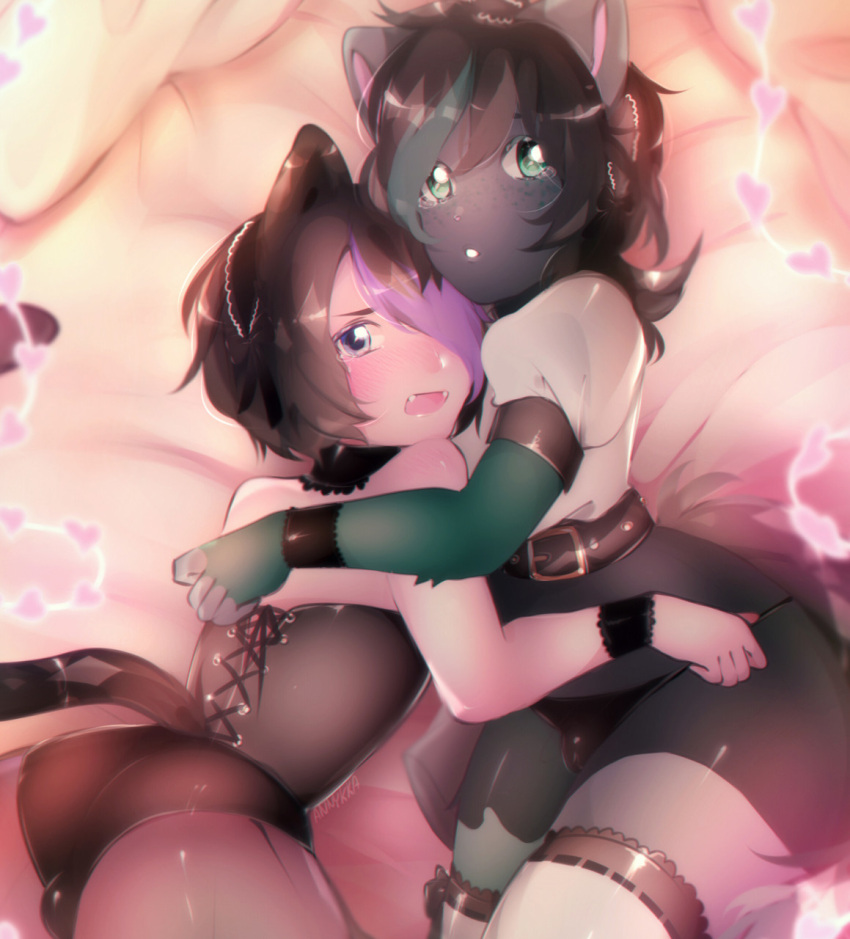 &lt;3 animal_humanoid anthro bed belt big_butt black_hair bodily_fluids bottomwear bracelet bulge butt cat_humanoid clothing corset crying duo embrace felid felid_humanoid feline feline_humanoid fluffy fluffy_tail freckles fur furniture girly grey_body grey_fur hair hair_over_eye harness headgear headwear hi_res holding_(disambiguation) hug humanoid huyannykka_(artist) jewelry lingerie male male/male mammal mammal_humanoid one_eye_obstructed pillow procyonid raccoon skirt tears thick_thighs topwear translucent varian(candy_foxy) wide_hips
