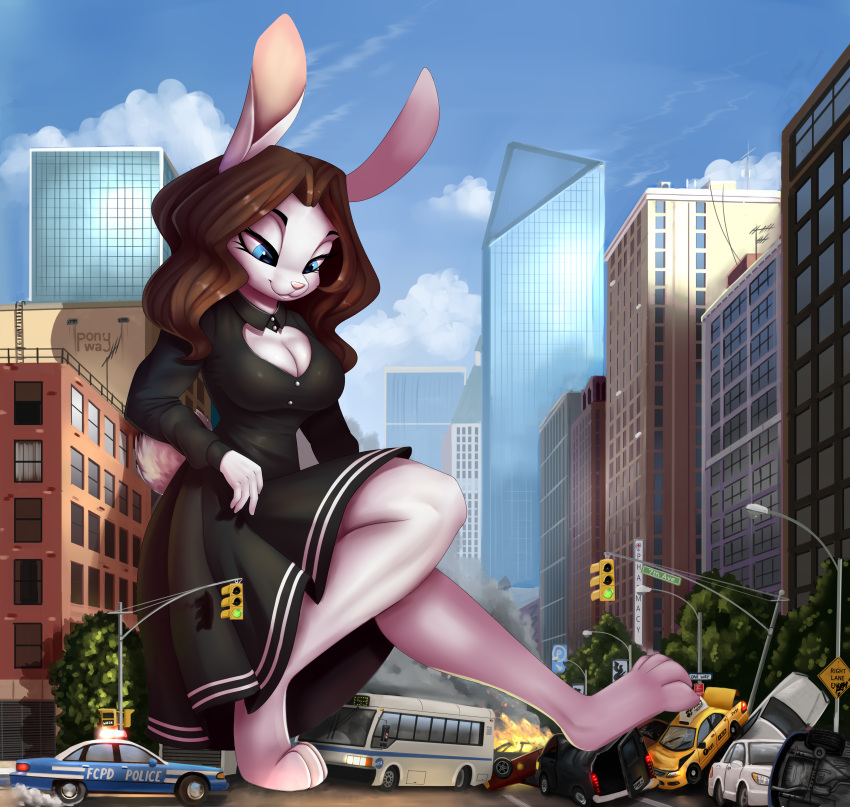 absurd_res anthro car city city_background city_destruction clothed clothing commercial_vehicle dress female hi_res lagomorph leporid looking_down macro mammal police_car pony-way public_transportation rabbit smile solo taxicab vehicle vehicle_for_hire