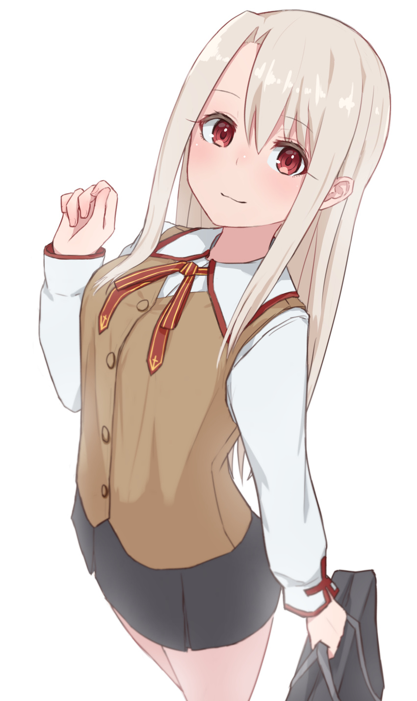 1girl absurdres bag bangs black_skirt brown_vest closed_mouth collared_shirt dress_shirt eyebrows_visible_through_hair fate/kaleid_liner_prisma_illya fate_(series) hair_between_eyes hand_up highres holding holding_bag homurahara_academy_uniform illyasviel_von_einzbern kopaka_(karda_nui) long_hair long_sleeves looking_at_viewer pleated_skirt red_eyes school_bag school_uniform shirt silver_hair simple_background skirt sleeves_past_wrists smile solo very_long_hair vest white_background white_shirt