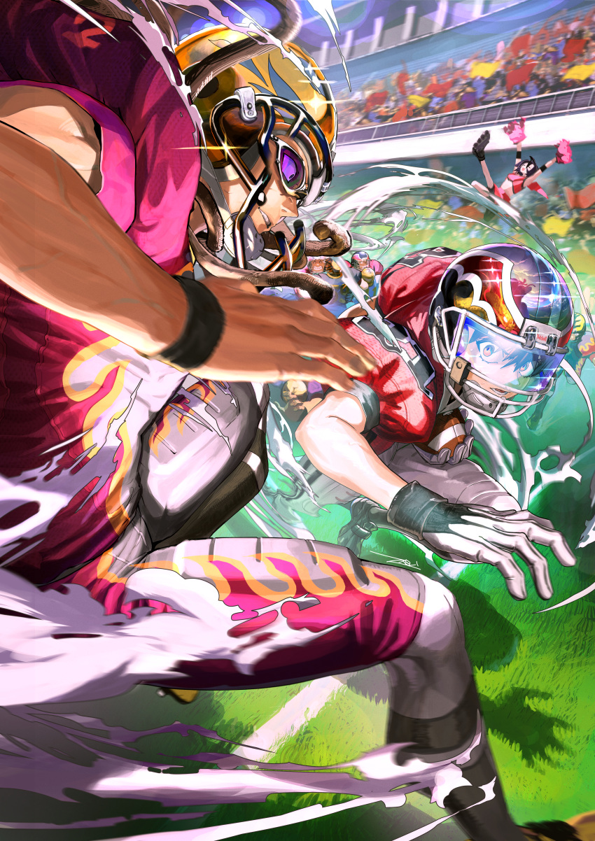 1girl 6+boys absurdres action american_football american_football_(object) american_football_helmet american_football_uniform aura ball bat_wings bike_shorts_under_skirt black_hair brown_hair cheering cheerleader clenched_teeth closed_eyes commentary crowd eyeshield_21 fake_wings glint gloves goggles grass hairlocs helmet highres holding holding_ball hosokawa_ikkyuu jersey jumping juumonji_kazuki kobayakawa_sena kongou_agon kurita_ryokan long_hair looking_at_another looking_at_viewer miniskirt motion_blur multiple_boys open_mouth ossan_zabi_190 outstretched_arm pants pom_pom_(cheerleading) red_pants red_shirt red_skirt roller_skates running shadow shirt shoes short_hair shoulder_pads skates skirt smoke sportswear stadium sweatband sweatdrop taki_suzuna teeth v-shaped_eyebrows veins white_gloves white_pants wings wristband