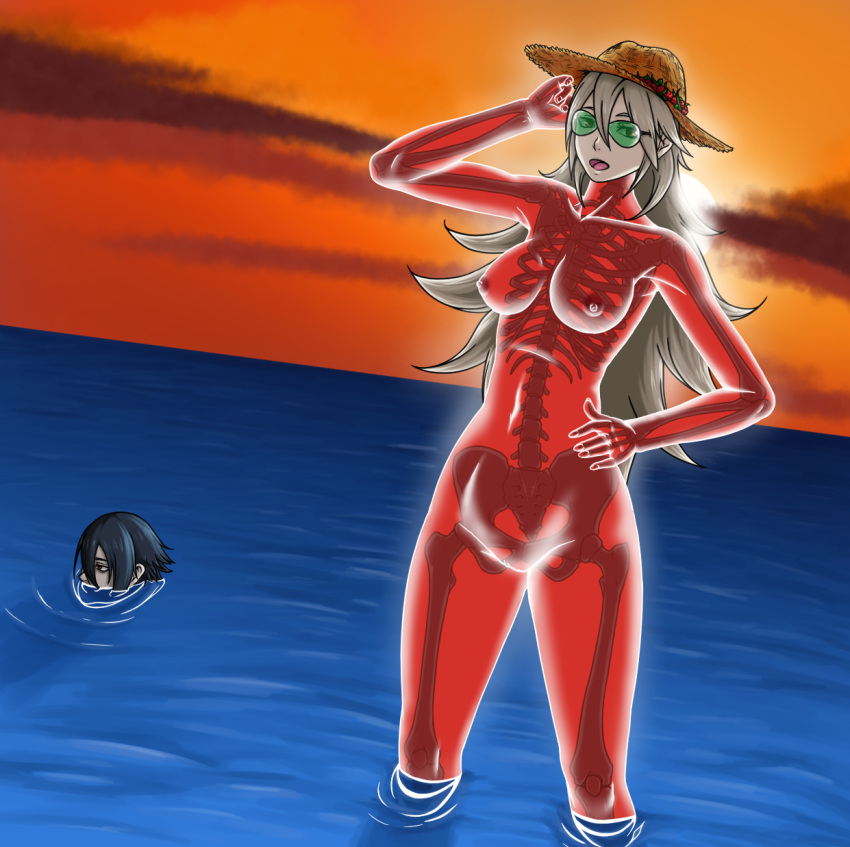 1boy 1girl :d breasts commission commissioner_upload completely_nude fire_emblem fire_emblem_heroes hat highres lif_(fire_emblem) navel nipples nude ocean open_mouth partially_submerged pussy randomfacelessnobody see-through skeleton smile sunglasses sunset swimsuit thrasir_(fire_emblem) translucent_skin water