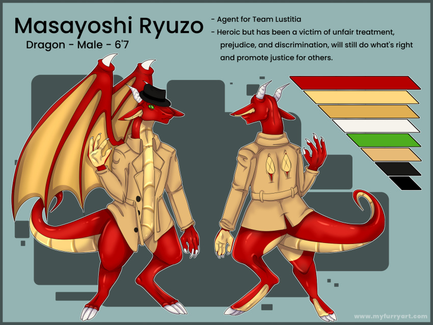 animal_humanoid anonymous_artist anthro clothing coat dragon dragon_humanoid hat headgear headwear hi_res humanoid info male masayoshi_ryuzo my_furry_art reference_image solo topwear trenchcoat wings