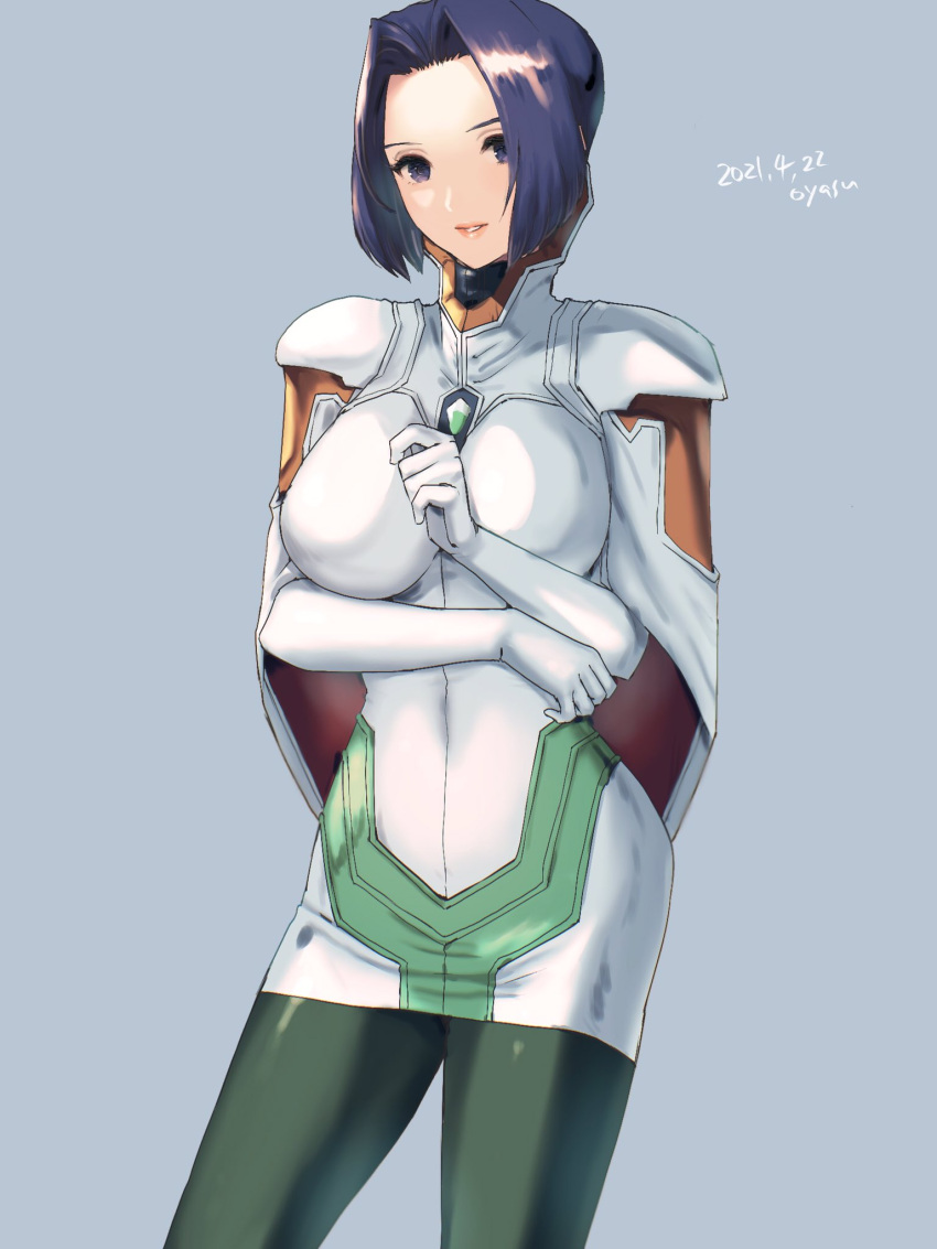 1girl 2021 artist_name blue_eyes breasts dated dress gloves highres looking_at_viewer miang_hawwa oyasu_(kinakoyamamori) pantyhose purple_hair short_hair simple_background smile solo xenogears