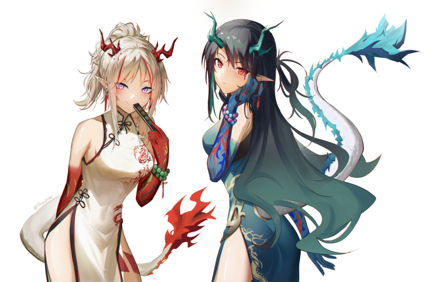 2girls absurdres arknights ass bangs bare_shoulders bead_bracelet beads black_hair blue_dress blue_fire blue_skin bracelet breasts closed_fan closed_mouth colored_skin covered_navel cowboy_shot dragon_girl dragon_horns dragon_tail dress dusk_(arknights) dusk_(everything_is_a_miracle)_(arknights) earrings eyebrows_visible_through_hair fiery_tail fire folding_fan gradient_hair gradient_skin green_hair hand_fan hand_in_hair hand_up highres holding holding_fan horns jewelry leaning_forward long_hair looking_at_viewer looking_back medium_breasts multicolored_hair multiple_girls nian_(arknights) nian_(unfettered_freedom)_(arknights) official_alternate_costume parted_bangs pelvic_curtain pointy_ears purple_eyes red_eyes red_hair red_skin short_hair short_ponytail shouz silver_hair simple_background sleeveless sleeveless_dress smile streaked_hair tail tail_through_clothes translation_request two-tone_hair v-shaped_eyebrows very_long_hair white_background white_dress