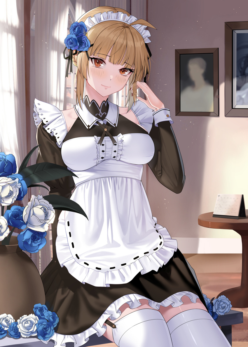 1girl ahoge apron bangs black_dress blue_flower blue_rose blunt_bangs blush braid breasts brown_eyes brown_hair center_frills curtains dress eyebrows_visible_through_hair flower french_braid frilled_apron frilled_dress frills garter_straps hair_flower hair_ornament highres indoors light_smile long_sleeves looking_at_viewer maid maid_apron maid_headdress medium_breasts original painting_(object) puffy_long_sleeves puffy_sleeves red_nails rose sidelocks siha sitting sitting_on_table solo table thighhighs vase white_apron white_flower white_legwear white_rose window zettai_ryouiki