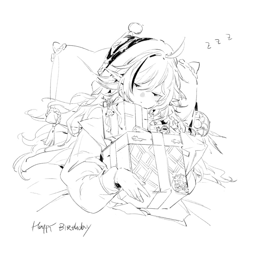1girl ahoge alternate_costume arknights bangs bobblehat box chuzenji closed_eyes closed_mouth eyebrows_behind_hair gift gift_box greyscale happy_birthday highres holding holding_gift long_sleeves lying monochrome on_back pillow pointy_ears simple_background sleeping solo symbol-only_commentary tomimi_(arknights) white_background zzz